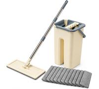 Juego de fregona con cubo, mopa plana, sistema de 2 cámaras, 10 fundas | Mopa húmeda con cabezal de mopa de 360°, uso en seco y húmedo, kit de limpieza para suelos, paredes, ventanas, techos, baño