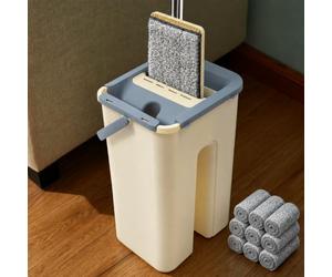 Juego de fregona plana y cubo, mopa de microfibra con 10 almohadillas de mopa, limpiaparabrisas plano con función de escurridor para todos los suelos