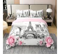 Juego de funda de edredón 100 % algodón, diseño de la Torre Eiffel, diseño de arquitectura francesa, para niños, niñas, mujeres, rosa, mariposa, estilo romántico, 1 funda de almohada (sin edredón