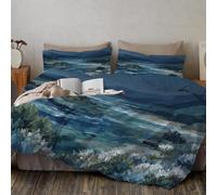Juego De Funda De Edredón 260x240cm, Funda Nordica Cama Montañas Costa, Ropa De Cama Reversible con Paisaje De Pintura Al Óleo Vintage con Cremallera, Azul-Verde