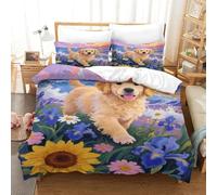 Juego De Funda De Edredón Cachorro Golden Retriever Juego De Cama Estampado Campo de Flores En 3D Microfibra con Cremallera Y Funda Almohada para Hombres Y Adultos Super King(260x220cm)