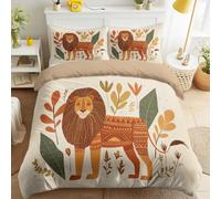 Juego de funda de edredón cálido de safari, tamaño King, 90 x 87 pulgadas, juego de ropa de cama de 3 piezas, microfibra suave, diseño de león, plantas ornamentales, color beige, tierra, animales, con