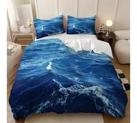 Juego de Funda de Edredón Cama 150 cm PatróN de Olas del OcéAno Microfibra con Cremallera 2 Fundas de Almohada Azul Juego de Ropa de Cama Decoración del Hogar 240x220 cm