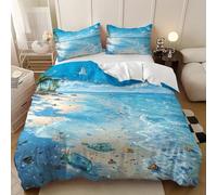 Juego de Funda de Edredón Cama 150 cm Pintura de Paisaje Costero Microfibra con Cremallera 2 Fundas de Almohada Azul Juego de Ropa de Cama Decoración del Hogar 240x220 cm