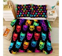 Juego de Funda de edredón Cama 90-150 x 220 cm, cálido y Acogedor Colorful Funda Nordica Cama Franela, Ropa de Cama Reversible con Estampado Lindo Neón Calavera Orejas De Gato con Cremallera