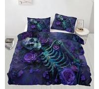 Juego de funda de edredón con diseño de calavera y rosas moradas para niños, adolescentes, parejas, adultos, decoración de habitación, funda de edredón con diseño de calavera sombría, 1 funda de