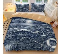 Juego de funda de edredón con diseño de historia náutica de acuarela, faro del océano y veleros, estilo vintage, 3 piezas para decoración de dormitorio (02, doble 200 x 200 cm + 65 x 65 cm)