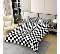 Juego de funda de edredón con diseño geométrico de cuadrícula para niños, tamaño King, 100 % algodón, letra J, elegante decoración de habitación a cuadros, funda de edredón moderna a cuadros, negro y