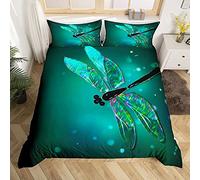 Juego de Funda de edredón Conde libélulas, niñas, Insectos, patrón de Animales, Juego de, 3 Piezas, Funda de edredón, Color Verde