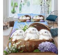 Juego De Funda De Edredón Conejito Blanco Blanco Juego De Ropa De Cama con Motivo Flores En 3D Microfibra con Cremallera Y Funda De Almohada para Hombres Y Adultos Double(200x200cm)