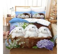 Juego De Funda De Edredón Conejito Blanco Blanco Juego De Ropa De Cama Estampado Flores En 3D Microfibra con Cremallera Y Funda Almohada para Adolescentes/niñas Single（140x200cm）