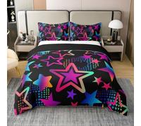 Juego de funda de edredón de 100 % algodón con diseño de estrellas de neón colorido, arte callejero, hippie, dibujos animados, estrellas, para niños, adolescentes y adultos, decoración de corazones