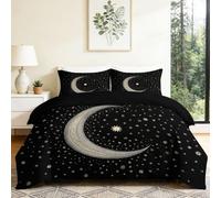Juego de funda de edredón de 3 piezas con estampado de estrellas crecientes, funda de edredón suave con 2 almohadas, color negro, estilo bohemio para niños y niñas, 260 x 220 cm