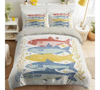 Juego de funda de edredón de 3 piezas de microfibra suave, diseño de tótem de peces, color rojo tierra, azul cielo, azul cielo, océano, animales, con cierre de cremallera y fundas de almohada
