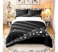 Juego de funda de edredón de algodón con notas musicales, juego de ropa de cama de guita de piano doble para niños y adultos, juego de funda de edredón clásica con temática musical en blanco y negro,