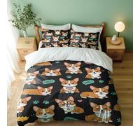 Juego de funda de edredón de dibujos animados de Corgi, adorable vals dorado, juego de 3 piezas para dormitorio infantil (02, King + 50 x 75 cm x 2)