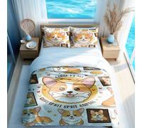 Juego de funda de edredón de dibujos animados de Corgi, adorable vals dorado, juego de 3 piezas para dormitorio infantil (03, King + 50 x 75 cm x 2)