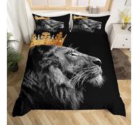 Juego de funda de edredón de león salvaje tamaño S, gris vida silvestre con estampado de animales, cubierta reversible para niños, niñas, patrón de corona dorada, juego de ropa de cama negra con 1