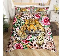 Juego de funda de edredón de leopardo, tamaño King, con estampado de animales 3D, juego de funda de edredón de vida silvestre, hermoso juego de funda de edredón floral de rosa roja, funda de edredón