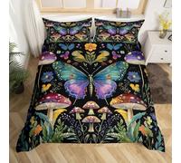 Juego de funda de edredón de mariposa tamaño L, acuarela, seta, flores, planta, manta reversible con 2 fundas de almohada, acuarela bohemia, pintura bohemia, juego de funda de edredón de poliéster