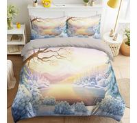 Juego de funda de edredón de microfibra de paisaje natural, elegante, fresco, brillante, con estampado de escena de nieve, con 2 fundas de almohada, diseño reversible, tamaño Queen, 102 x 87 pulgadas