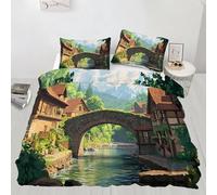Juego de funda de edredón de puente de piedra pastoral, ropa de cama individual de paisaje natural con 1 funda de almohada, paisaje de cuento de hadas, microfibra con cremallera, uso en todas las
