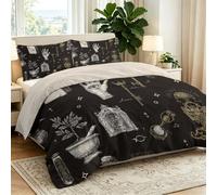 Juego de funda de edredón doble, 3 piezas, microfibra reversible, diseño vintage de símbolos de alquimia, marrón, beige, fantasía, 200 x 200 cm, con 2 fundas de almohada, cremallera de metal y lazos