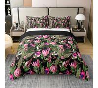Juego de funda de edredón doble, diseño de flores de acuarela, 100 % algodón puro, bonito colibrí, 3 piezas, hojas florales rosadas, funda de edredón de lujo suave, edredón no incluido
