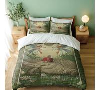 Juego de funda de edredón estampada con temática de princesa de rana, cocodrilo, caballero, té de la tarde lluviosa, ropa de cama para decoración de dormitorio infantil (04, doble + 50 x 75 cm x 2)