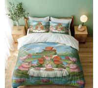 Juego de funda de edredón estampada con temática de princesa de rana, cocodrilo, caballero, té de la tarde lluviosa, ropa de cama para decoración de dormitorio infantil (01, individual + 50 x 75 cm x