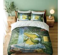 Juego de funda de edredón estampada con temática de princesa de rana, cocodrilo, caballero, té de la tarde lluviosa, ropa de cama para decoración de dormitorio infantil (05, King + 50 x 75 cm x 2)