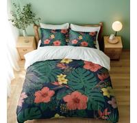 Juego de funda de edredón floral tropical, fondo negro con libélula gris profundo y flores rosas, blancas y amarillas, juego de ropa de cama suave y transpirable de 3 piezas (01, King + 80 x 80 cm x 2