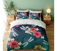 Juego de funda de edredón floral tropical, fondo negro con libélula gris profundo y flores rosas, blancas y amarillas, juego de ropa de cama suave y transpirable de 3 piezas (04, individual + 80 x 80