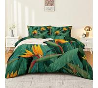 Juego de funda de edredón individual con ilustración moderna, flores verdes, plantas Strelitzia hojas de palma, juego de cama con 2 fundas de almohada, funda de cama de microfibra suave transpirable