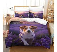 Juego De Funda De Edredón Jack Russell Terrier Juego De Ropa De Cama Campo de Lavanda en el Crepúsculo En 3D Microfibra con Cremallera Y Funda De Almohada para Niños Y Niñas Super King（260x220cm）