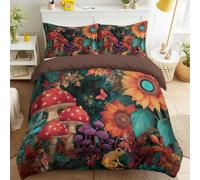 Juego de funda de edredón, juego de ropa de cama de fácil cuidado, tamaño doble de 200,7 x 200,7 cm, diseño de cuento de hadas y fantasía, magia misteriosa, naturaleza, bosque, plantas, animales