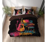 Juego de Funda de edredón,Negro Multicolor,Funda Nórdica Cálida Sin Arrugas 220 x 240 + Funda de Almohada 2 x 80 x 80,con Cremallera,Microfibra Suave,Pintura Salpicada Piano Guitarra Micrófono