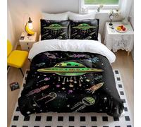 Juego de funda de edredón para niños y niñas, diseño de dibujos animados de ovnis y alienígenas neón, funda de edredón de microfibra suave (estilo 3, tamaño King, 240 x 220 cm + 65 x 65 cm, 2)