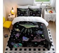 Juego de funda de edredón para niños y niñas, diseño de dibujos animados de ovnis y alienígenas neón, funda de edredón de microfibra suave (estilo 1, doble 200 x 200 cm + 65 x 65 cm, 2)