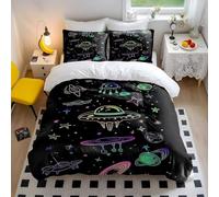 Juego de funda de edredón para niños y niñas, diseño de dibujos animados de ovnis y alienígenas neón, funda de edredón de microfibra suave (estilo 2, tamaño King, 240 x 220 cm + 65 x 65 cm x 2)