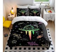 Juego de funda de edredón para niños y niñas, diseño de dibujos animados de ovnis y alienígenas neón, funda de edredón de microfibra suave (estilo 5, tamaño King, 240 x 220 cm + 65 x 65 cm, 2)