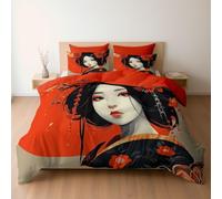 Juego de Funda de Edredón Reversible con Fundas de Almohada, Diseño Anime Ropa Tradicional Geisha Japonesa 220 x 240, Transpirable, Naranja Quemado, Fácil Cuidado, Lavable a Máquina (Cama 135/150)