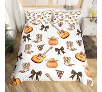 Juego de funda de edredón reversible de vaquero con lazo, tamaño S, diseño de botas occidentales, sombrero, estilo tribal, funda de edredón reversible para niños, niñas, pajarita negra, acuarela