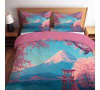 Juego de funda de edredón reversible para cama individual, diseño de flores de cerezo Torii Gate de Monte Fuji, suave y acogedor, de microfibra, juego de ropa de cama transpirable de anime japonés
