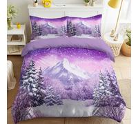 Juego de funda de edredón tamaño Queen, color morado, pintura al óleo, con 2 fundas de almohada, transpirable, ligero, invierno, montaña nevada, copo de nieve, bosque, funda de edredón serena de