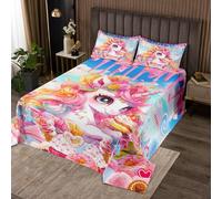 Juego de funda de unicornio para niñas, tamaño M, bonito unicornio de dibujos animados, cuento de hadas, edredón duradero para niñas, adolescentes, rosquillas, dulces, postres, juego de edredón, con 2