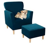 Juego de funda elástica de terciopelo para sillón y otomana, protector de muebles de color pavo real con 4 correas antideslizantes, se adapta a sillas de un solo brazo y otomanas cuadradas