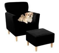 Juego de funda elástica de terciopelo para sillón y otomana, protector de muebles negro con 4 correas antideslizantes, se adapta a sillas estándar de un solo brazo y otomanas cuadradas