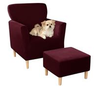 Juego de funda elástica de terciopelo para sillón y otomana, protector de muebles rojo vino con 4 correas antideslizantes, se adapta a sillas de un solo brazo y otomanas cuadradas, elegante decoración