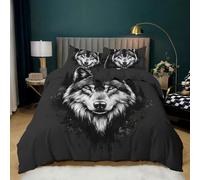 Juego de Funda Nórdica 135x200 con Estampado de Cabeza de Lobo en 3D, Diseño de Animales Salvajes, Reversible de Lujo, de Microfibra, Color Negro y Gris, para Dormitorio Infantil, para Niños y Ado